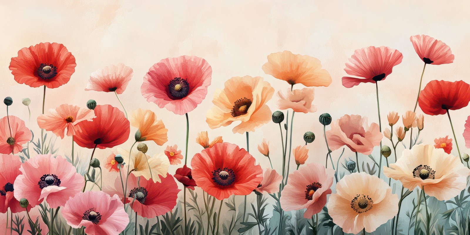 Vibrant display of colorful poppy flowers in a sunny garden setting